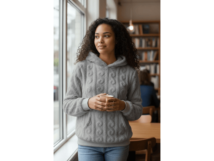 Camisola em coralina com capuz e bolso à canguru 1