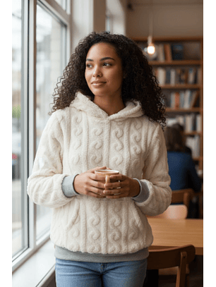 Camisola em coralina com capuz e bolso à canguru