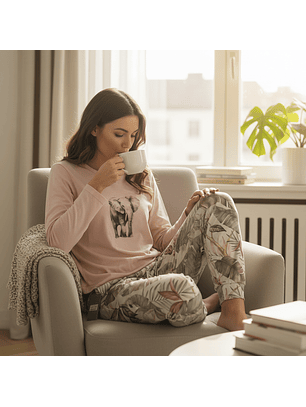 Pijama Rosa Velho com Elefante e Calças Tropicais