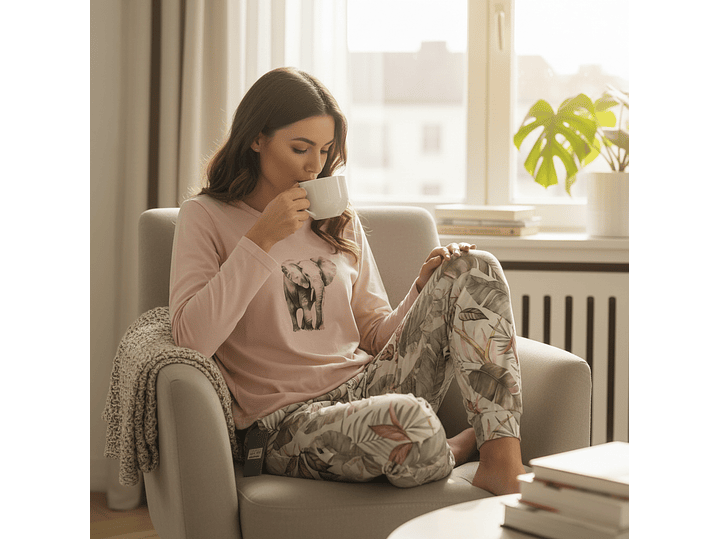 Pijama Rosa Velho com Elefante e Calças Tropicais 1