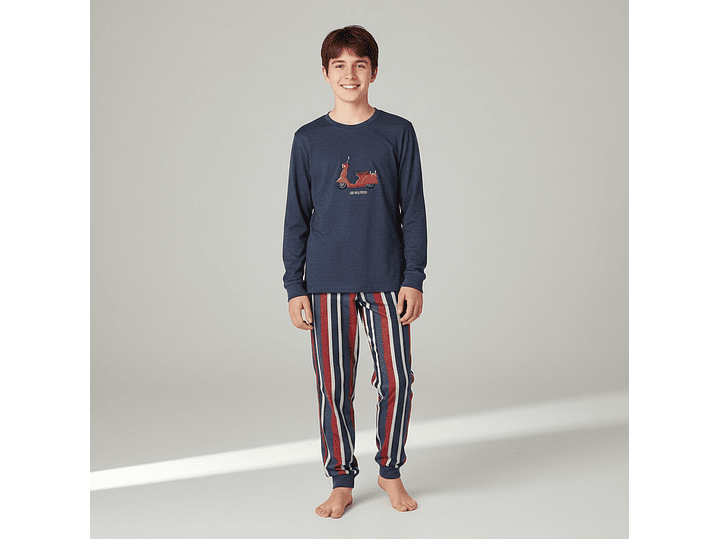 Pijama de Menino azul 100% Algodão com Scooter – Calças às Riscas | Fabricado em Portugal 1