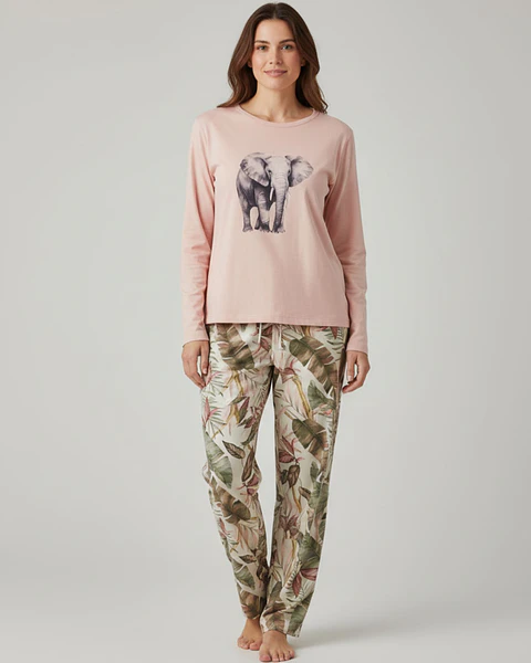 Pijama Rosa Velho com Elefante e Calças Tropicais