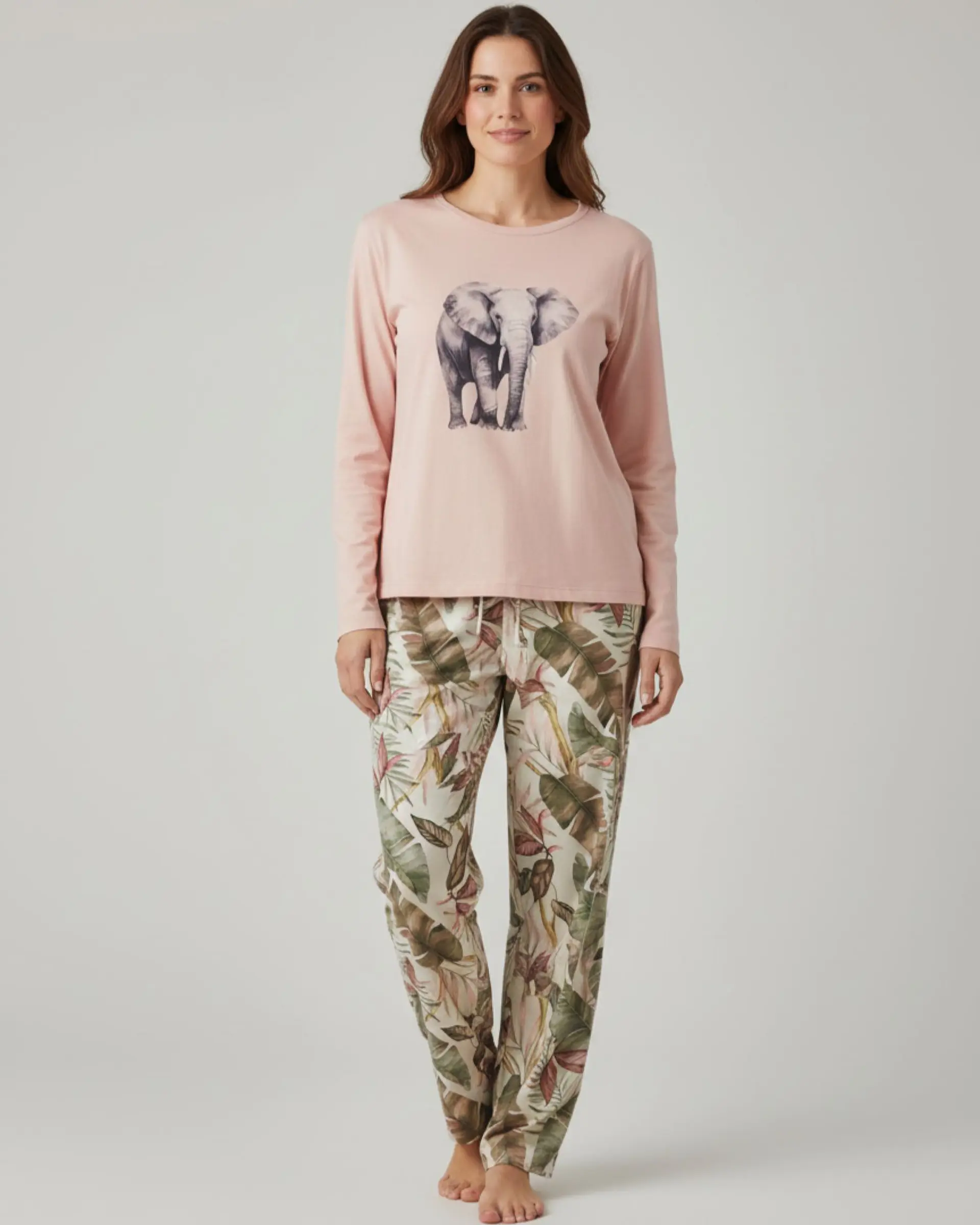 Pijama Rosa Velho com Elefante e Calças Tropicais 1
