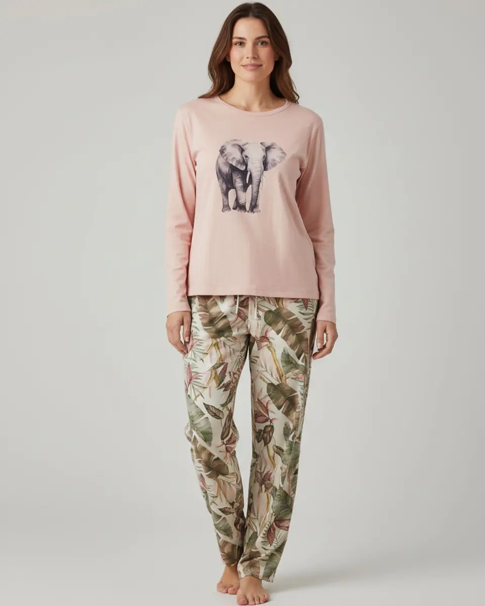 Pijama Rosa Velho com Elefante e Calças Tropicais 1