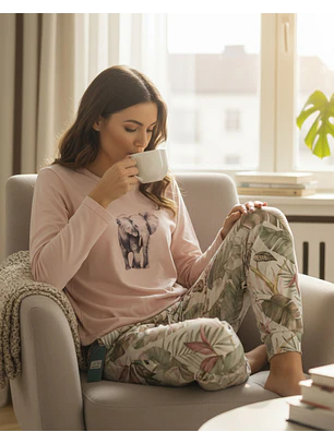 Pijama Rosa Velho com Elefante e Calças Tropicais