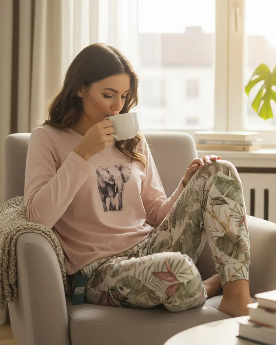 Pijama Rosa Velho com Elefante e Calças Tropicais 2