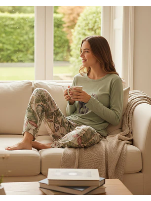 Pijama verde com Elefante e Calças Tropicais 