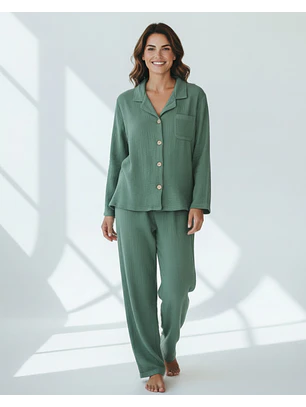Pijama de Mulher em Musselina Fluida com Botões - verde
