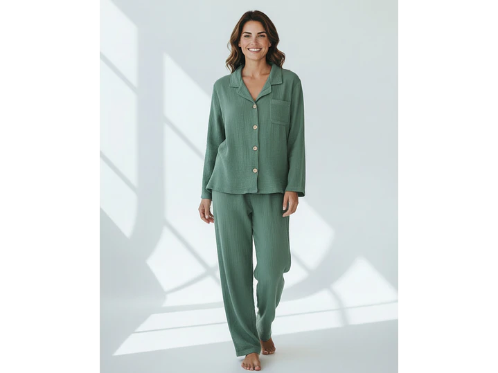 Pijama de Mulher em Musselina Fluida com Botões - verde 1