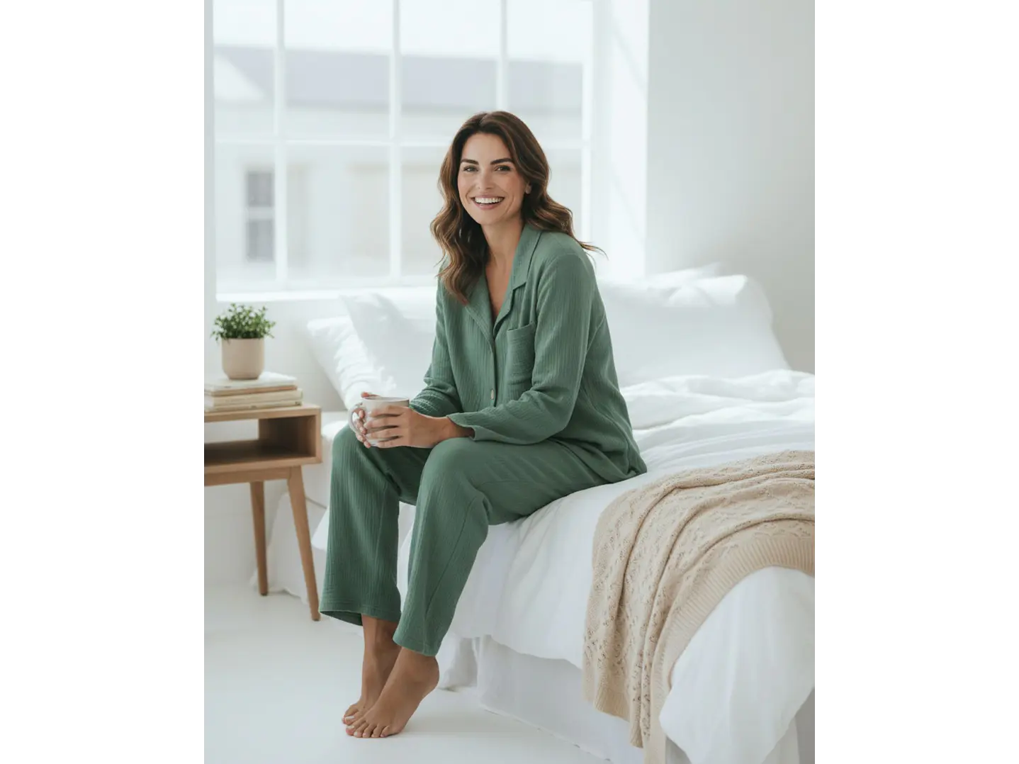 Pijama de Mulher em Musselina Fluida com Botões - verde 2