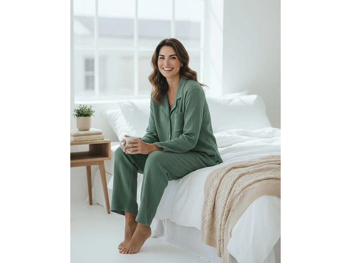 Pijama de Mulher em Musselina Fluida com Botões - verde 2
