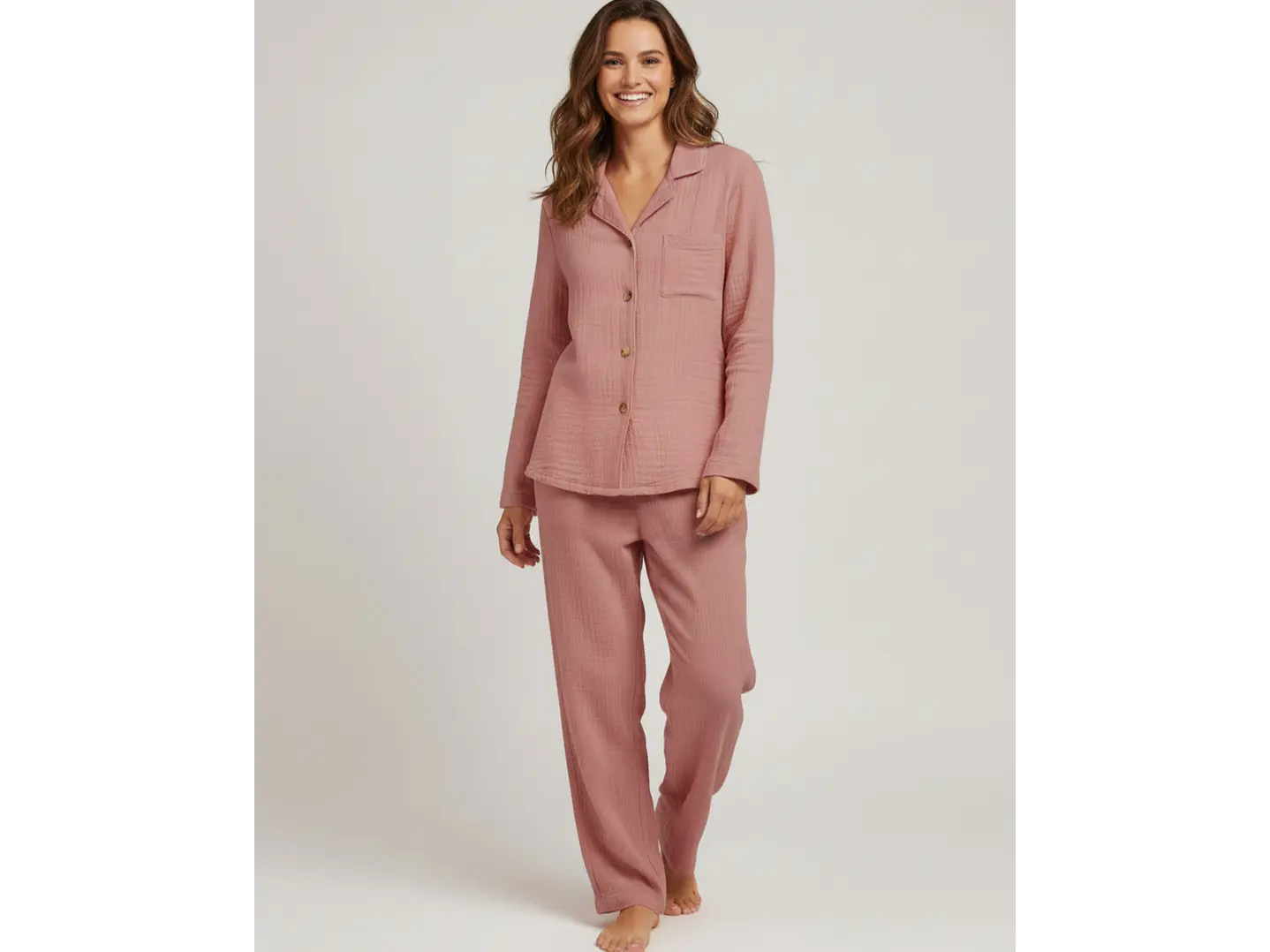 Pijama de Mulher em Musselina Fluida com Botões - rosa 1