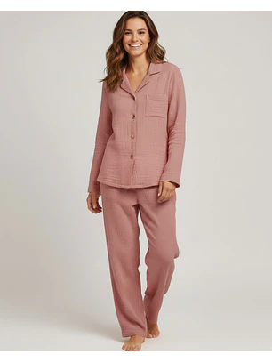 Pijama de Mulher em Musselina Fluida com Botões - rosa