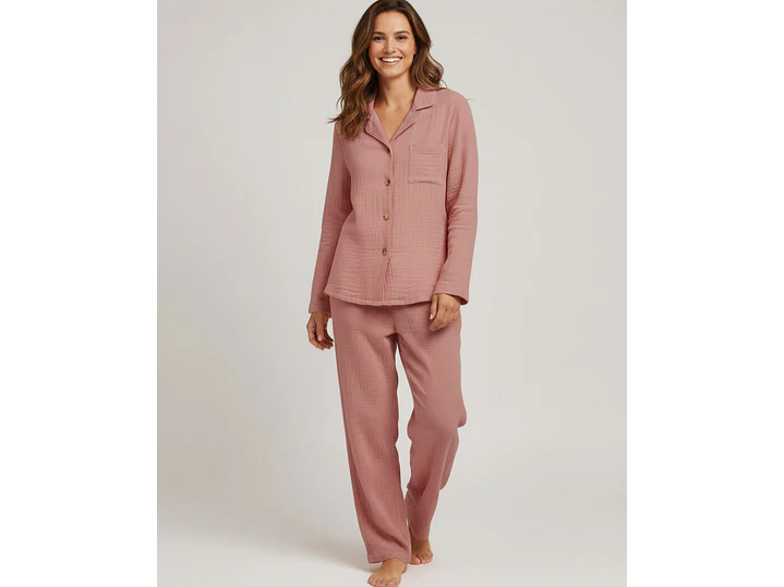 Pijama de Mulher em Musselina Fluida com Botões - rosa 1