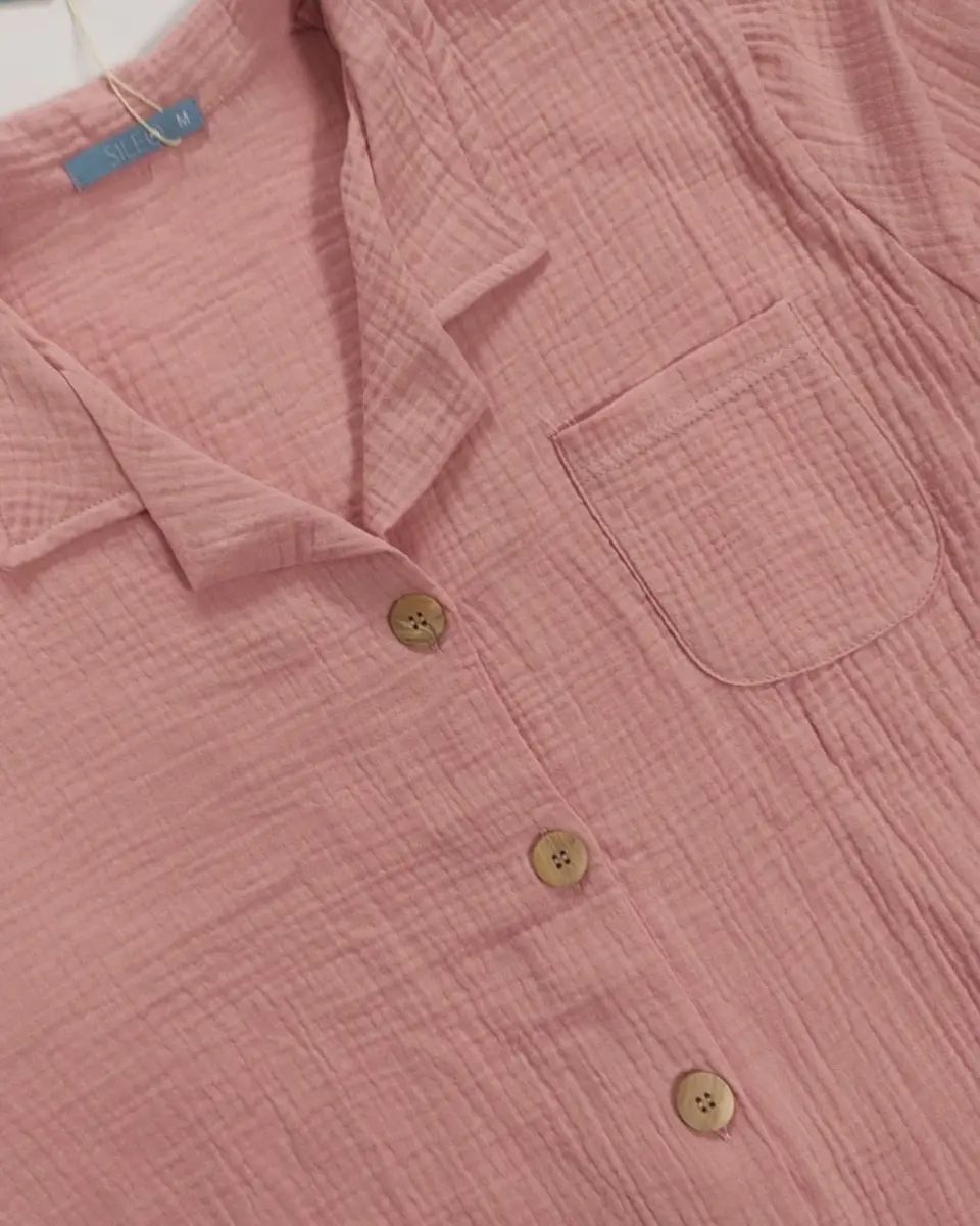 Pijama de Mulher em Musselina Fluida com Botões - rosa 4