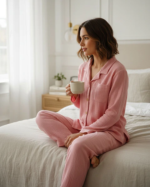 Pijama de Mulher em Musselina Fluida com Botões - rosa