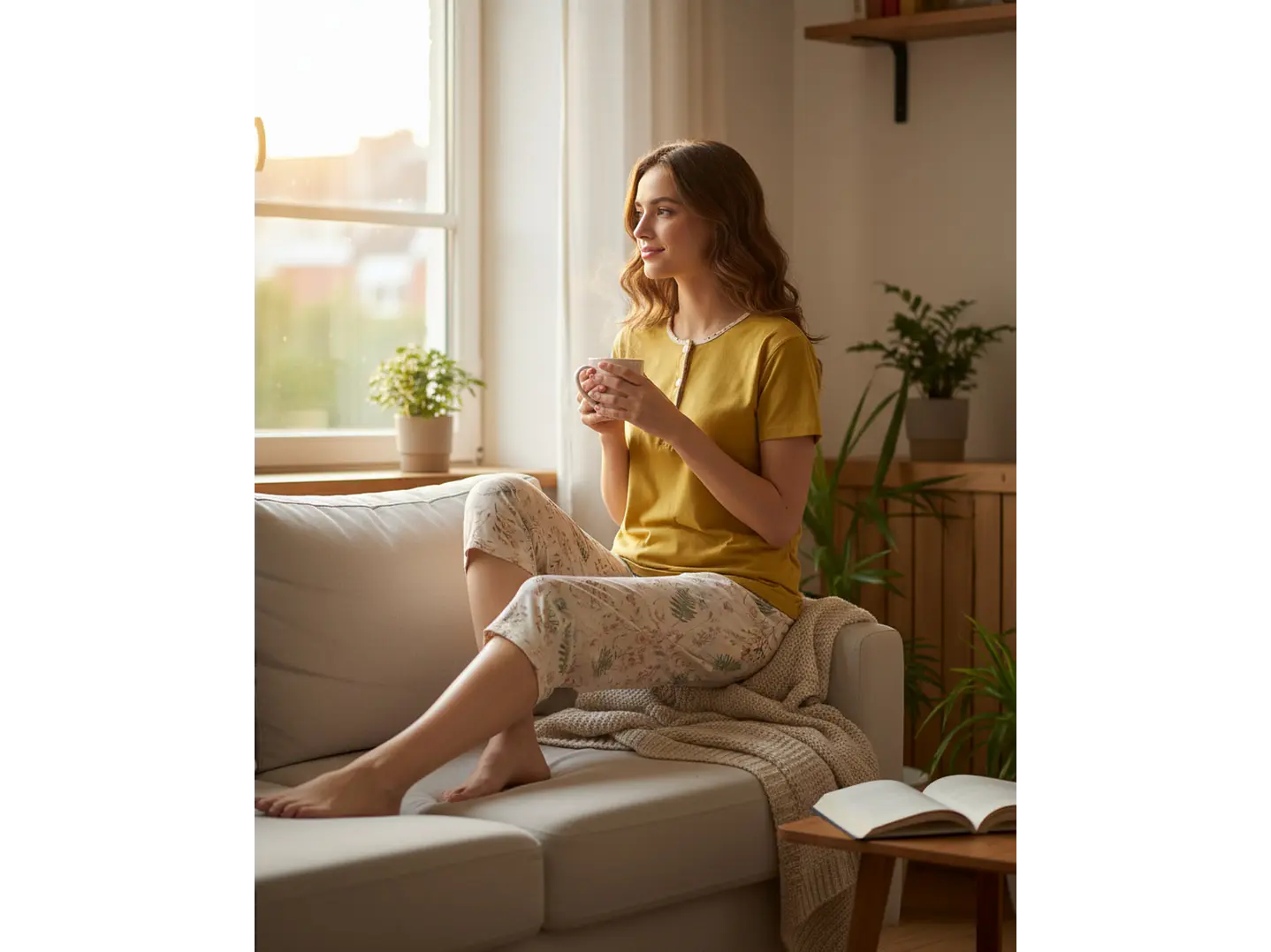 Pijama de Mulher 100% Algodão com Calção Corsário – Amarelo Torrado e Estampado Floral 2