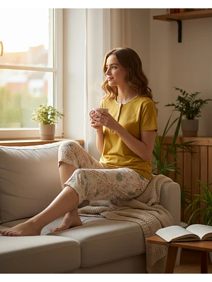 Pijama de Mulher 100% Algodão com Calção Corsário – Amarelo Torrado e Estampado Floral