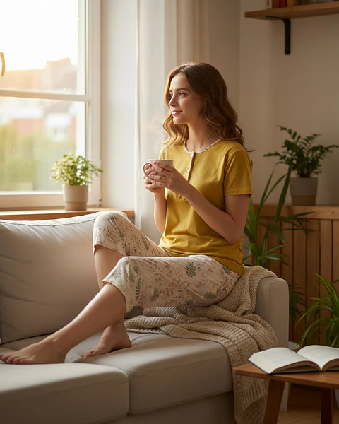 Pijama de Mulher 100% Algodão com Calção Corsário – Amarelo Torrado e Estampado Floral
