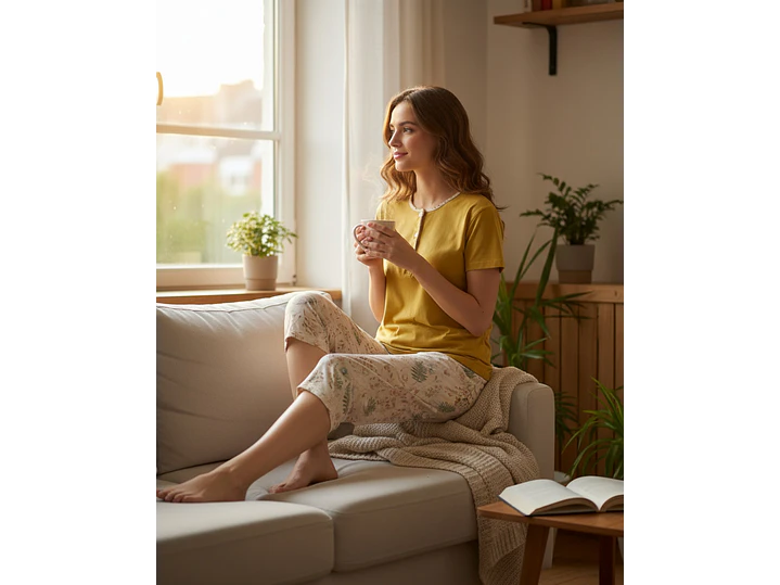 Pijama de Mulher 100% Algodão com Calção Corsário – Amarelo Torrado e Estampado Floral 2