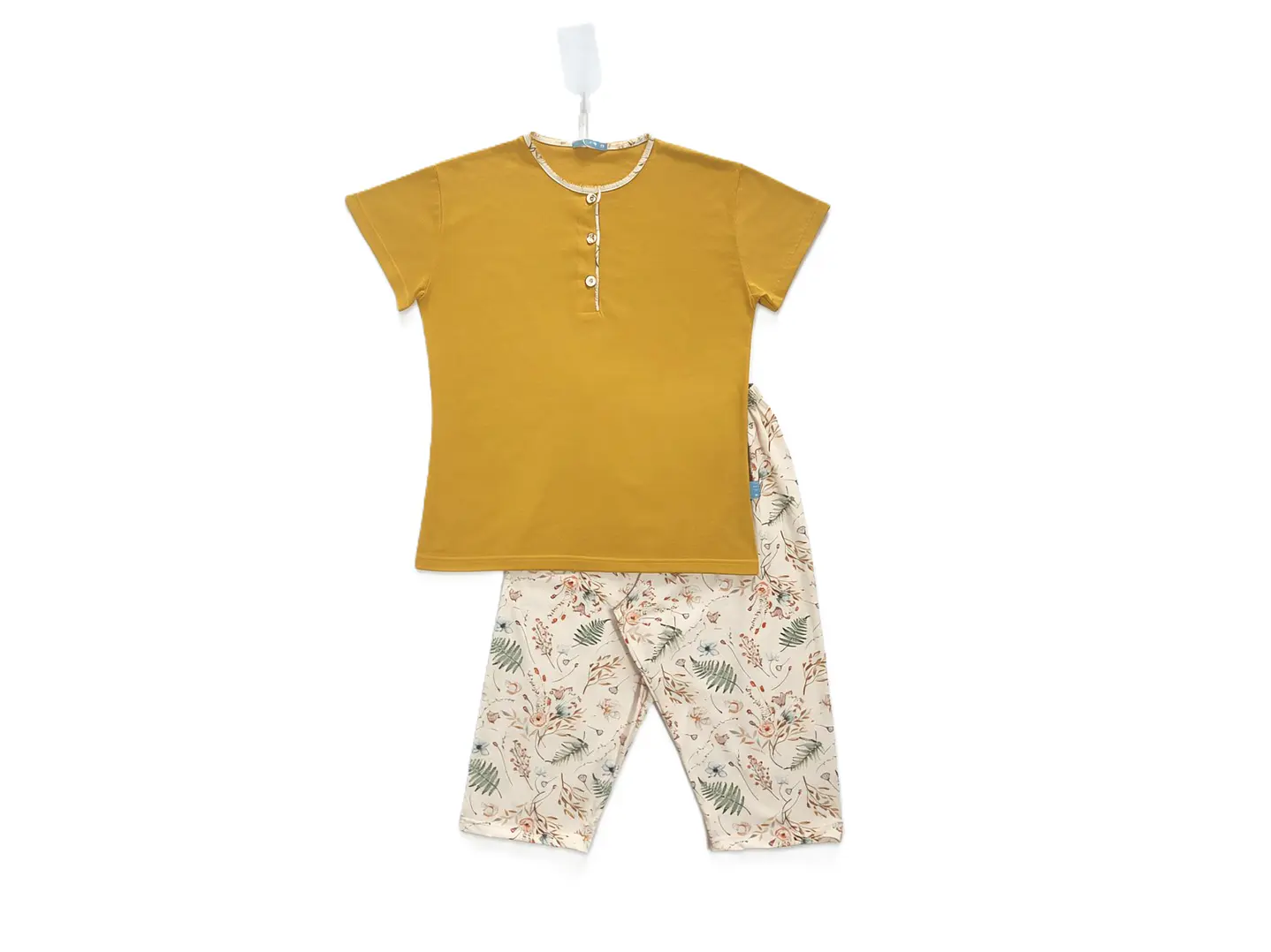 Pijama de Mulher 100% Algodão com Calção Corsário – Amarelo Torrado e Estampado Floral 5