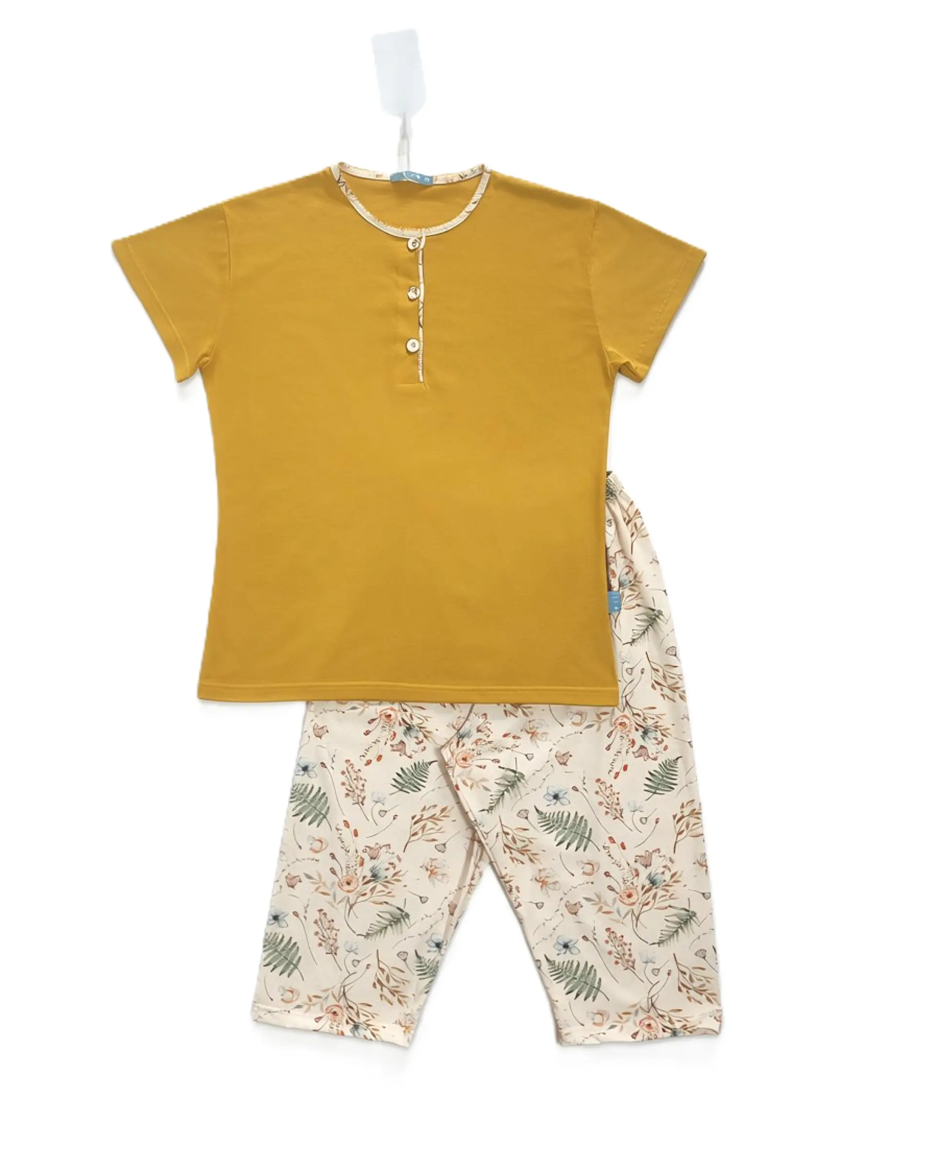 Pijama de Mulher 100% Algodão com Calção Corsário – Amarelo Torrado e Estampado Floral 5