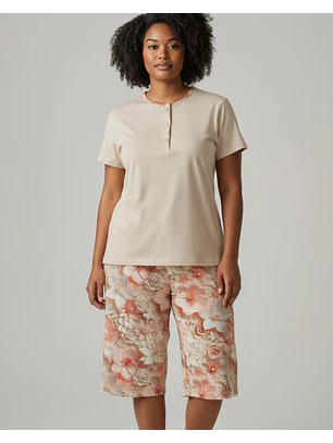 Pijama de Mulher 100% Algodão com Calção Corsário – beje com calção estampado