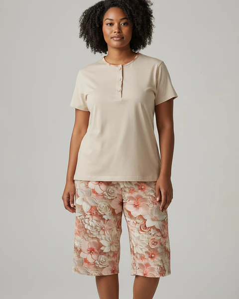 Pijama de Mulher 100% Algodão com Calção Corsário – beje com calção estampado