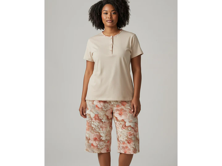 Pijama de Mulher 100% Algodão com Calção Corsário – beje com calção estampado 1