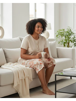 Pijama de Mulher 100% Algodão com Calção Corsário – beje com calção estampado