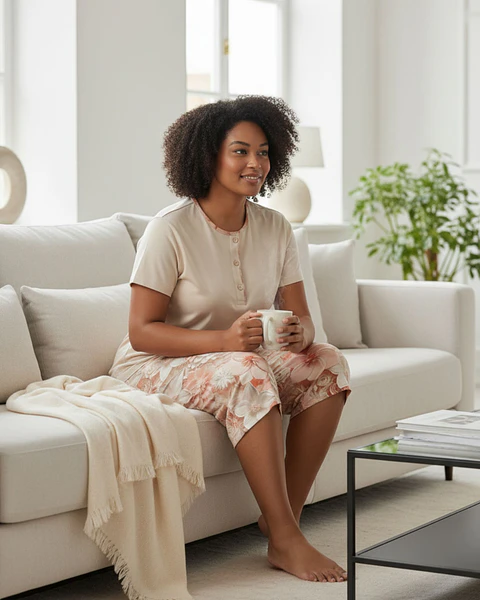 Pijama de Mulher 100% Algodão com Calção Corsário – beje com calção estampado