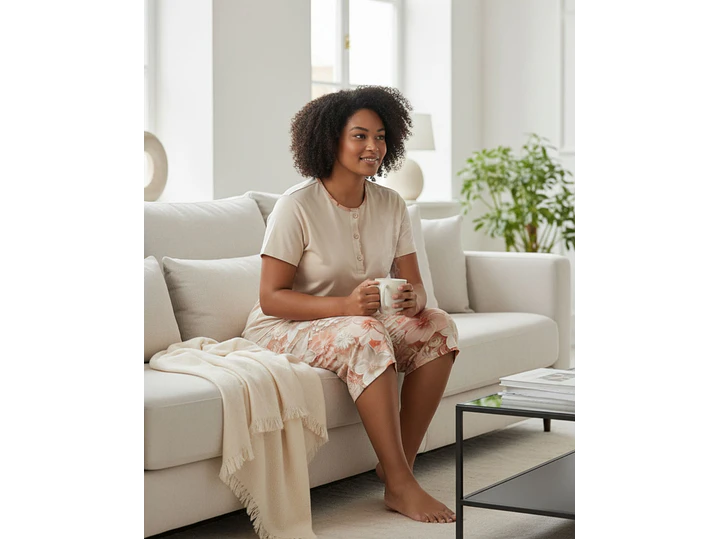 Pijama de Mulher 100% Algodão com Calção Corsário – beje com calção estampado 2