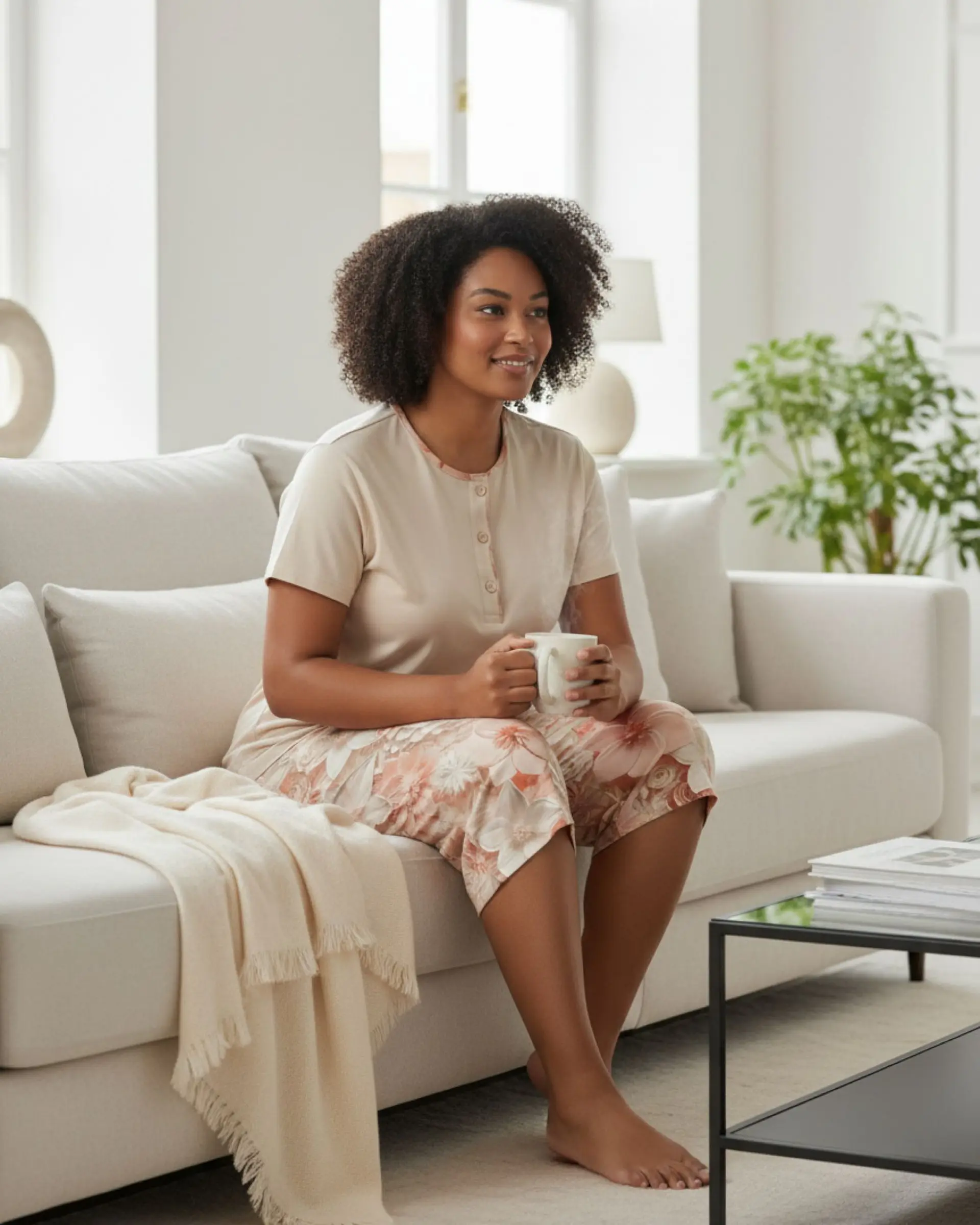 Pijama de Mulher 100% Algodão com Calção Corsário – beje com calção estampado 2