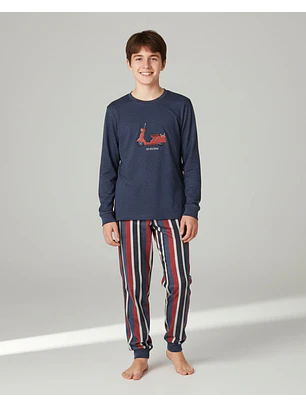 Pijama de Menino azul 100% Algodão com Scooter – Calças às Riscas | Fabricado em Portugal