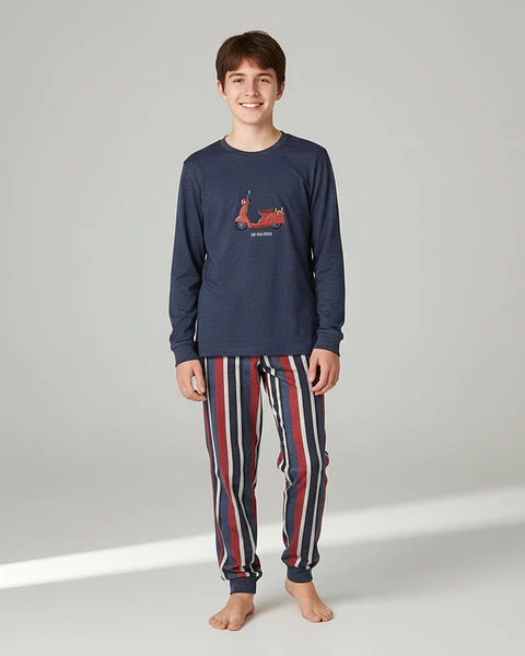 Pijama de Menino azul 100% Algodão com Scooter – Calças às Riscas | Fabricado em Portugal