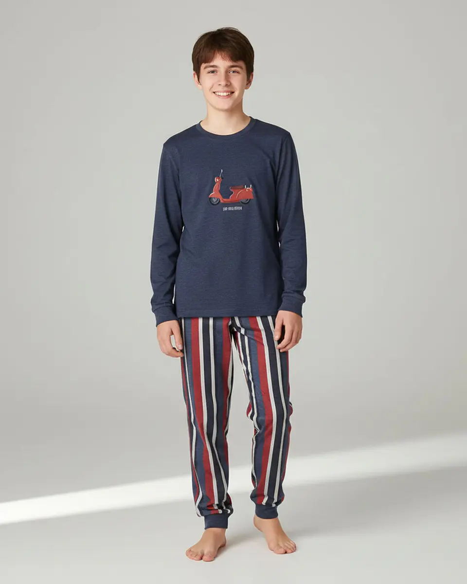 Pijama de Menino azul 100% Algodão com Scooter – Calças às Riscas | Fabricado em Portugal 1