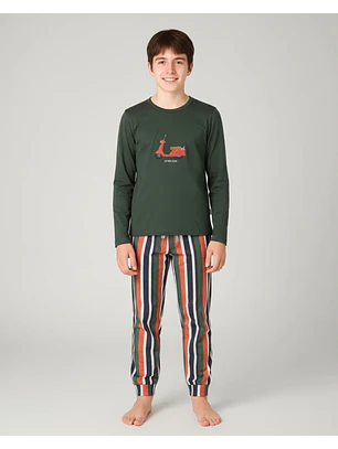 Pijama de Menino 100% Algodão com Scooter – Calças às Riscas | Fabricado em Portugal