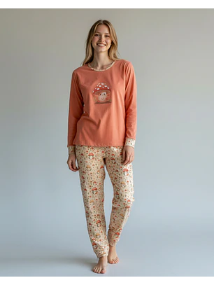Pijama de Mulher em Algodão com Estampado de Cogumelos 