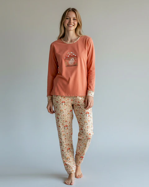 Pijama de Mulher em Algodão com Estampado de Cogumelos 