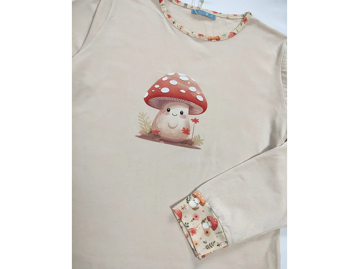 Pijama de Mulher em Algodão com Estampado de Cogumelos  - beje 3