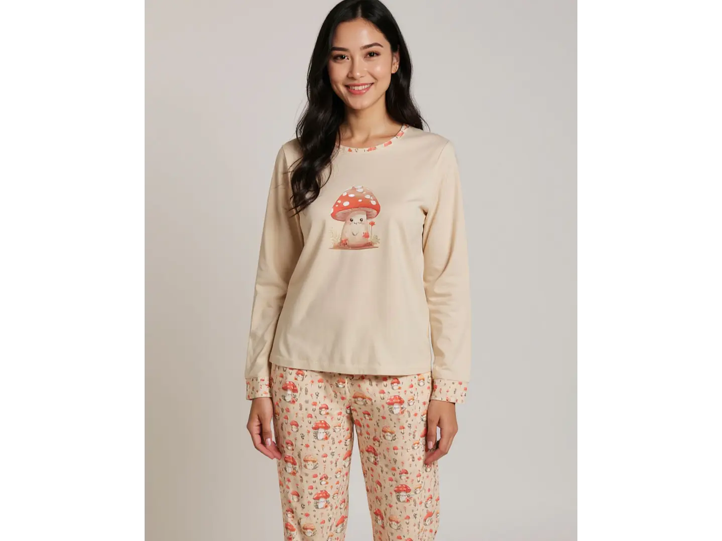 Pijama de Mulher em Algodão com Estampado de Cogumelos  - beje 1
