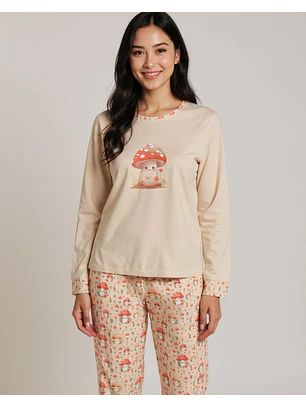 Pijama de Mulher em Algodão com Estampado de Cogumelos  - beje