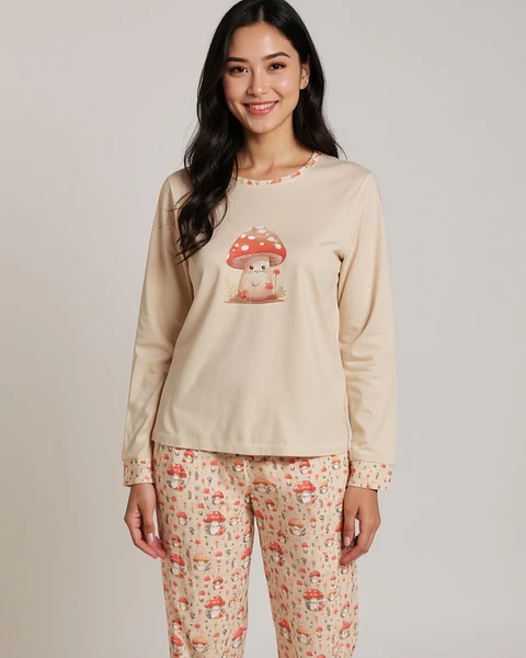 Pijama de Mulher em Algodão com Estampado de Cogumelos  - beje