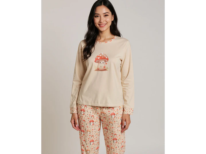 Pijama de Mulher em Algodão com Estampado de Cogumelos  - beje 1