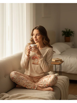 Pijama de Mulher em Algodão com Estampado de Cogumelos  - beje