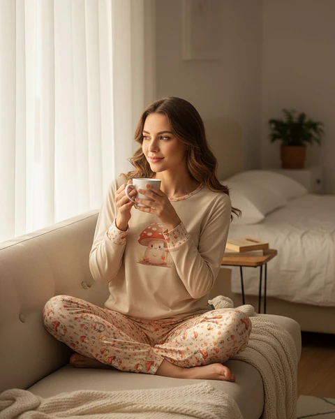 Pijama de Mulher em Algodão com Estampado de Cogumelos  - beje