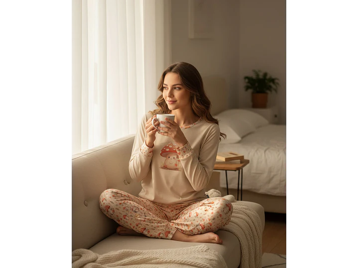 Pijama de Mulher em Algodão com Estampado de Cogumelos  - beje 2