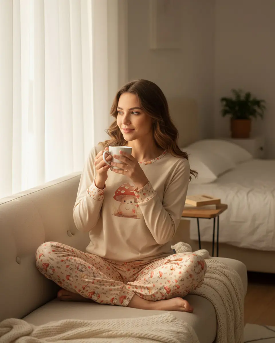 Pijama de Mulher em Algodão com Estampado de Cogumelos  - beje 2