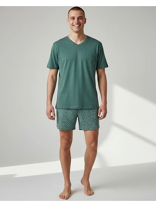 Pijama de homem em algodão verde jade - calção estampado