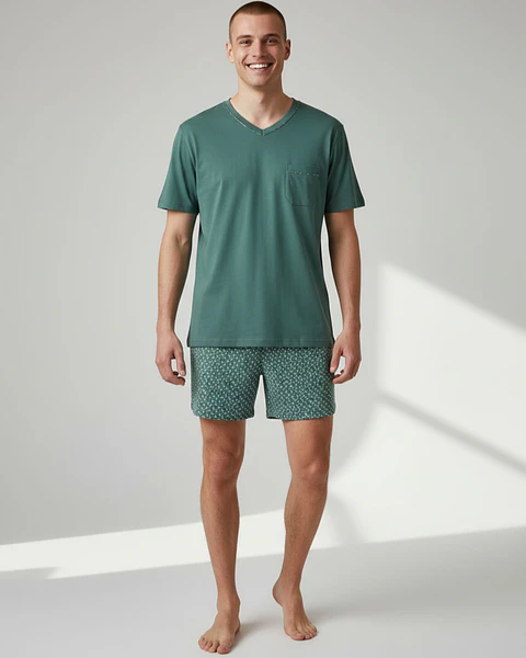 Pijama de homem em algodão verde jade - calção estampado